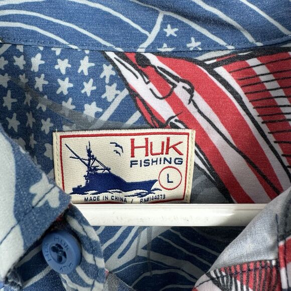 HUK Fishing Shirt Button Down USA Patriotic Sport Fish Mens Sz L Blue Red White - Picture 7 of 8